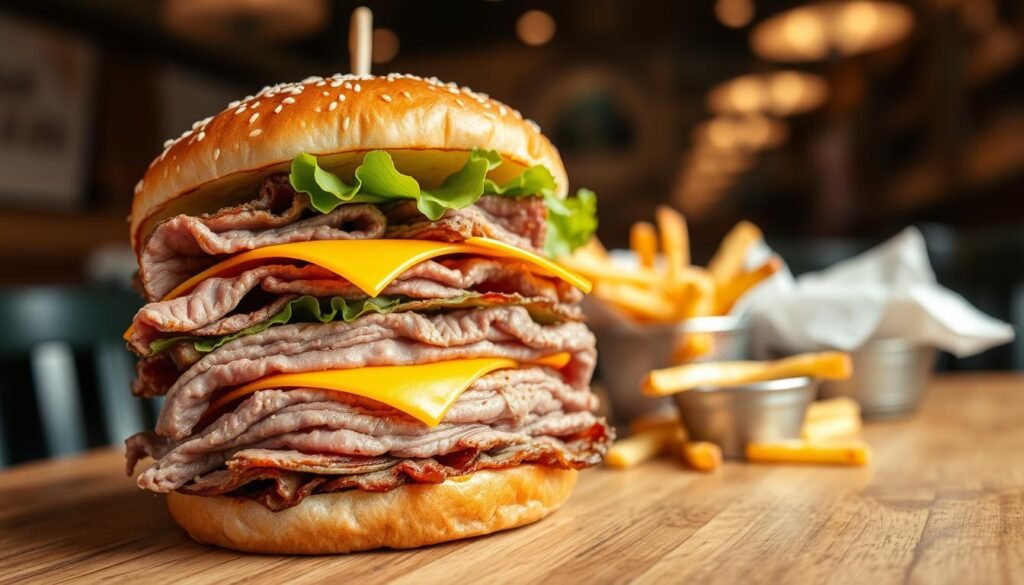 A close-up view of a delicious roast beef sandwich, stacked high with layers of tender, juicy roast beef, slice of melted cheddar cheese, and crispy lettuce, all nestled between a fresh, toasted sesame seed bun. In the foreground, a well-lit focus highlights the texture of the meat and the vibrant colors of the ingredients. In the middle ground, a rustic wooden table complements the sandwich, with a side of crispy fries and a small dish of tangy dipping sauce. The background softly blurs, revealing a warm, inviting diner atmosphere with muted lighting that creates a cozy, appetizing mood. Capture this scene from a slightly elevated angle to convey the delectable layers of the sandwich, making it the star of the image.