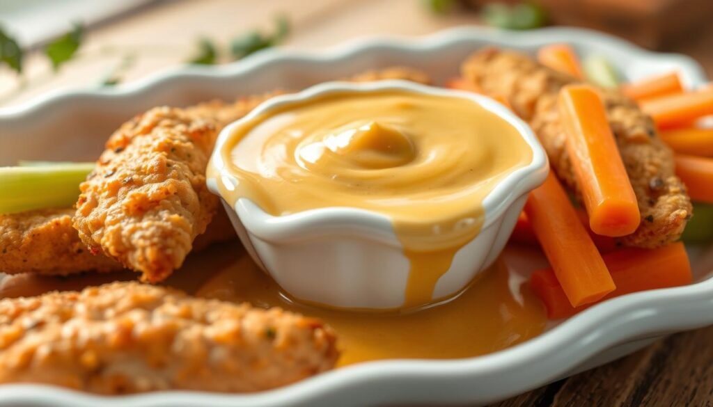 A close-up view of a delightful honey mustard sauce serving, prominently placed in a small, elegant white dish. The sauce has a smooth, creamy texture with a rich golden hue, glistening under soft, natural lighting. Surrounding the dish, crispy chicken tenders and fresh vegetable sticks—such as carrots and celery—are artfully arranged, invitingly dipped into the sauce. In the background, a rustic wooden table adds warmth and a homey feel, with subtly blurred hints of greenery or a picnic setting. The scene conveys a vibrant, appetizing atmosphere, ideal for enjoying delicious meal pairings, captured from a slightly elevated angle for depth and perspective.