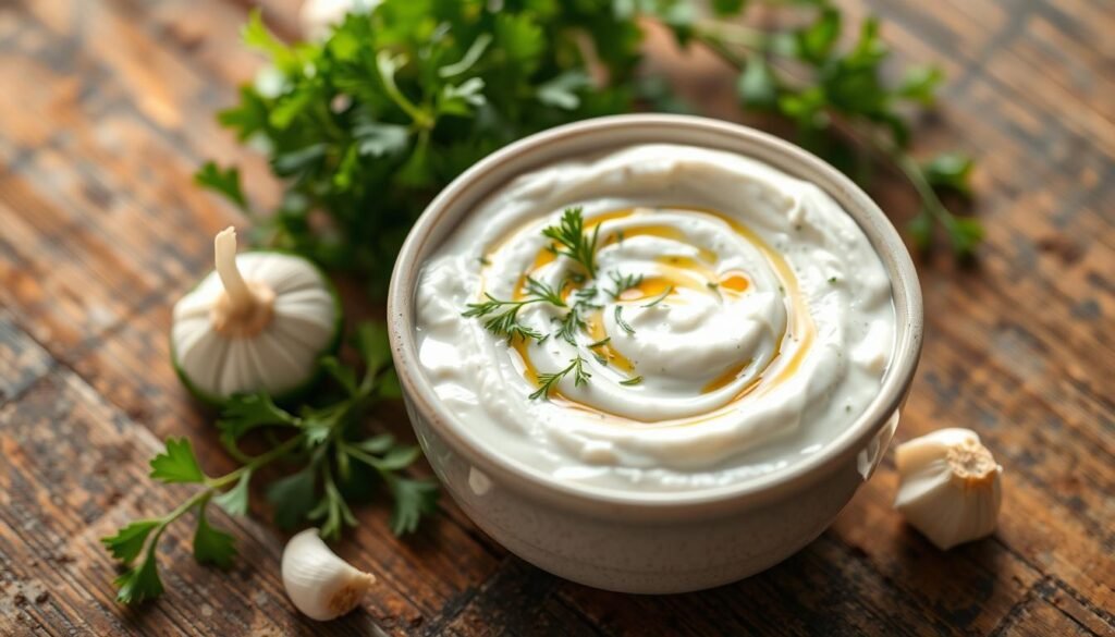 A close-up view of a fresh bowl of tzatziki sauce, creamy and smooth, garnished with a sprinkle of finely chopped dill and a drizzle of olive oil on top, sitting on a rustic wooden table. Surrounding the bowl, a few fresh cucumber slices and garlic cloves hint at the sauce's ingredients, while in the background, vibrant Mediterranean herbs create a pleasant contrast. Soft, natural lighting enhances the textures and colors, giving the scene a warm, inviting feel. The angle is slightly above, inviting the viewer to appreciate the sauce's rich consistency. The overall mood is refreshing and appetizing, emphasizing the sauce's role in a nutritious diet.