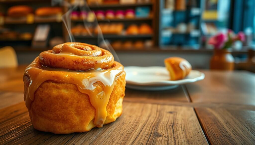 A close-up view of a freshly baked cinnamon roll, golden brown with a glossy, sticky glaze glistening under soft, warm lighting. The foreground features the roll on a rustic wooden table, with steam gently rising from it, creating an inviting atmosphere. In the middle ground, a decorative plate with a delicate lace trim catches the eye, enhancing the homemade feel. To the background, subtle hints of a vibrant café setting, including blurred shelves of baked goods and warm, welcoming colors, set the scene for a travel stop experience. The image should evoke a sense of comfort and indulgence, making it irresistible and ideal for a culinary article. The lens should capture a slight overhead angle, emphasizing the swirl of the cinnamon and the texture of the icing.