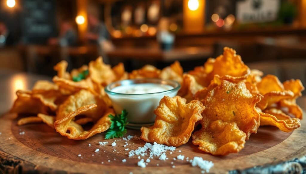 A close-up view of a rustic wooden platter filled with freshly fried Beaver Chips, showcasing their golden-brown, crispy texture. The chips should appear crunchy and inviting, glistening with a light sheen of seasoning. In the foreground, sprinkle some coarse sea salt and garnish with fresh herbs for color. The middle ground features a small bowl of zesty dipping sauce, like ranch or spicy aioli, surrounded by a few scattered Beaver Chips. The background is softly blurred, suggesting a warm, cozy restaurant environment with wooden accents and dim, ambient lighting that enhances the appetizing appeal of the food. The overall atmosphere is welcoming and homey, capturing the essence of comfort food.