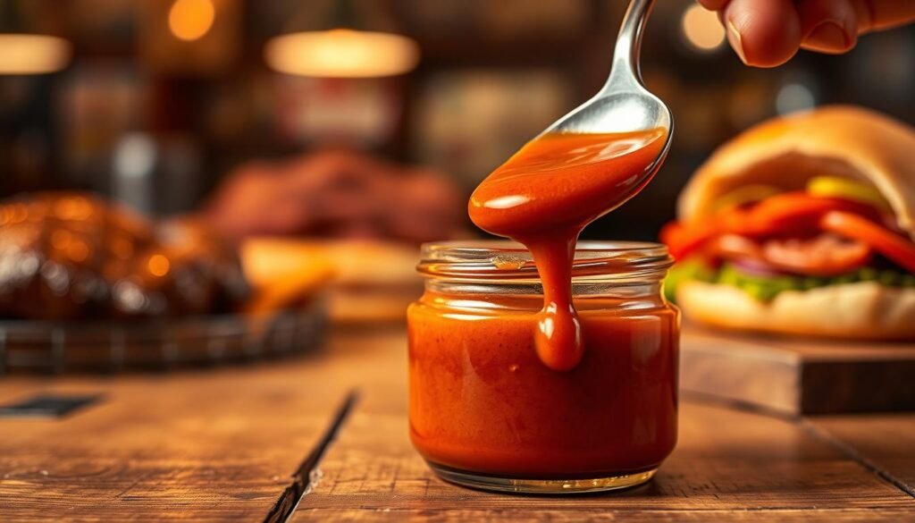 A close-up view of a small, elegant glass container filled with signature Arby's Sauce, showcasing its rich, reddish-brown color and smooth texture. The glass jar is placed on a rustic wooden table, illuminated by warm, soft overhead lighting to enhance the sauce's glossy appearance. In the background, a blurred out image of roasted meats and fresh sandwiches creates an inviting atmosphere. The foreground features a spoon dipped into the sauce, with a few drips catching the light, emphasizing its thick consistency. The overall mood is cozy and appetizing, enhancing the allure of the sauce as a key flavor enhancer. No text elements or branding are present in the image.