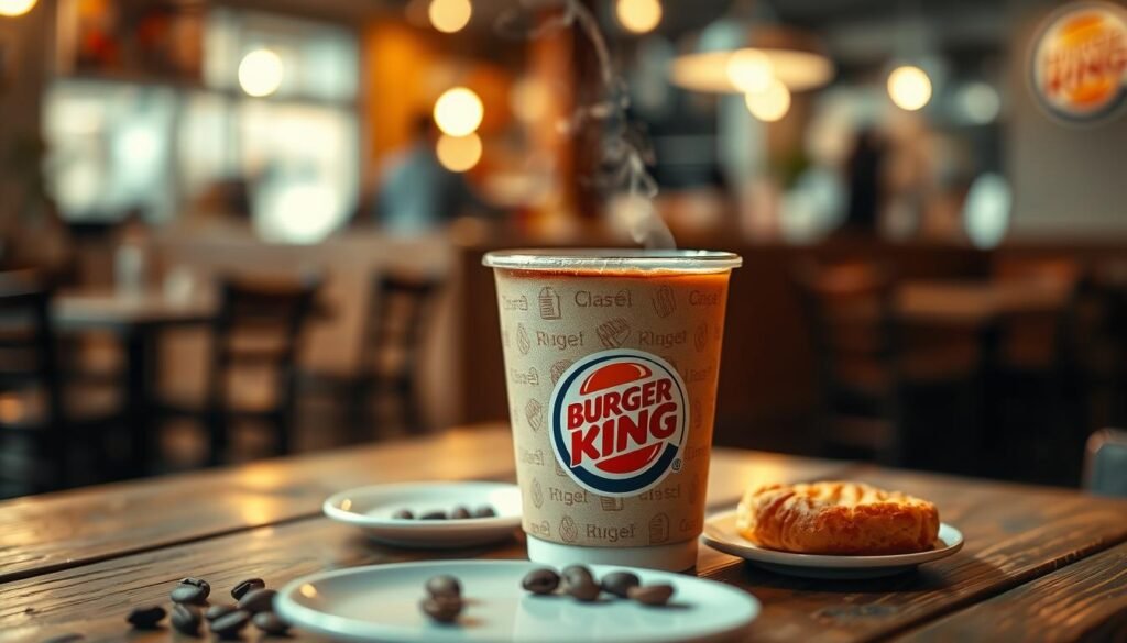 A close-up view of a steaming cup of Burger King coffee, placed on a rustic wooden table. The coffee is in a branded paper cup featuring the iconic Burger King logo and distinctive colors. The foreground features a small plate with a few scattered coffee beans and a slice of pastry, subtly hinting at a cozy café vibe. In the middle, the rich, dark liquid of the coffee glistens under warm, soft lighting, casting a gentle glow that emphasizes its deep color. The background shows a blurred café scene with soft-focus, suggesting the ambiance of a casual dining experience. The overall mood is inviting and warm, evoking a sense of comfort and enjoyment. The image is framed at eye level, capturing the inviting essence of enjoying coffee at Burger King. A close-up view of a steaming cup of Burger King coffee, placed on a rustic wooden table. The coffee is in a branded paper cup featuring the iconic Burger King logo and distinctive colors. The foreground features a small plate with a few scattered coffee beans and a slice of pastry, subtly hinting at a cozy café vibe. In the middle, the rich, dark liquid of the coffee glistens under warm, soft lighting, casting a gentle glow that emphasizes its deep color. The background shows a blurred café scene with soft-focus, suggesting the ambiance of a casual dining experience. The overall mood is inviting and warm, evoking a sense of comfort and enjoyment. The image is framed at eye level, capturing the inviting essence of enjoying coffee at Burger King.