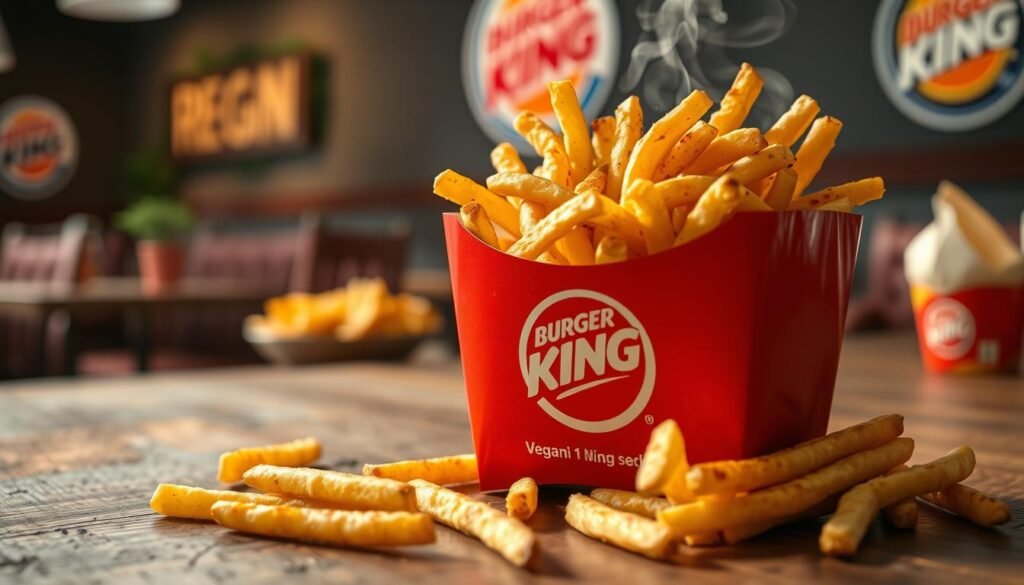 A close-up view of a steaming, freshly cooked serving of Burger King fries, artfully arranged in a red, branded cardboard container. The fries are golden brown, crispy, and perfectly seasoned, with a few scattered on a rustic wooden table beside the container. Soft, diffused lighting creates a warm, inviting atmosphere, emphasizing the textures and colors of the fries. In the background, slightly blurred, are hints of a Burger King restaurant setting, with soft focus on the iconic logo and plant-based ingredients subtly incorporated on a nearby table, adding to the vegan theme. The composition conveys a sense of comfort and indulgence, inviting viewers to appreciate the appeal of these fries as a vegan staple. The angle is slightly above eye-level, showcasing the fries' delicious appeal. A close-up view of a steaming, freshly cooked serving of Burger King fries, artfully arranged in a red, branded cardboard container. The fries are golden brown, crispy, and perfectly seasoned, with a few scattered on a rustic wooden table beside the container. Soft, diffused lighting creates a warm, inviting atmosphere, emphasizing the textures and colors of the fries. In the background, slightly blurred, are hints of a Burger King restaurant setting, with soft focus on the iconic logo and plant-based ingredients subtly incorporated on a nearby table, adding to the vegan theme. The composition conveys a sense of comfort and indulgence, inviting viewers to appreciate the appeal of these fries as a vegan staple. The angle is slightly above eye-level, showcasing the fries' delicious appeal.