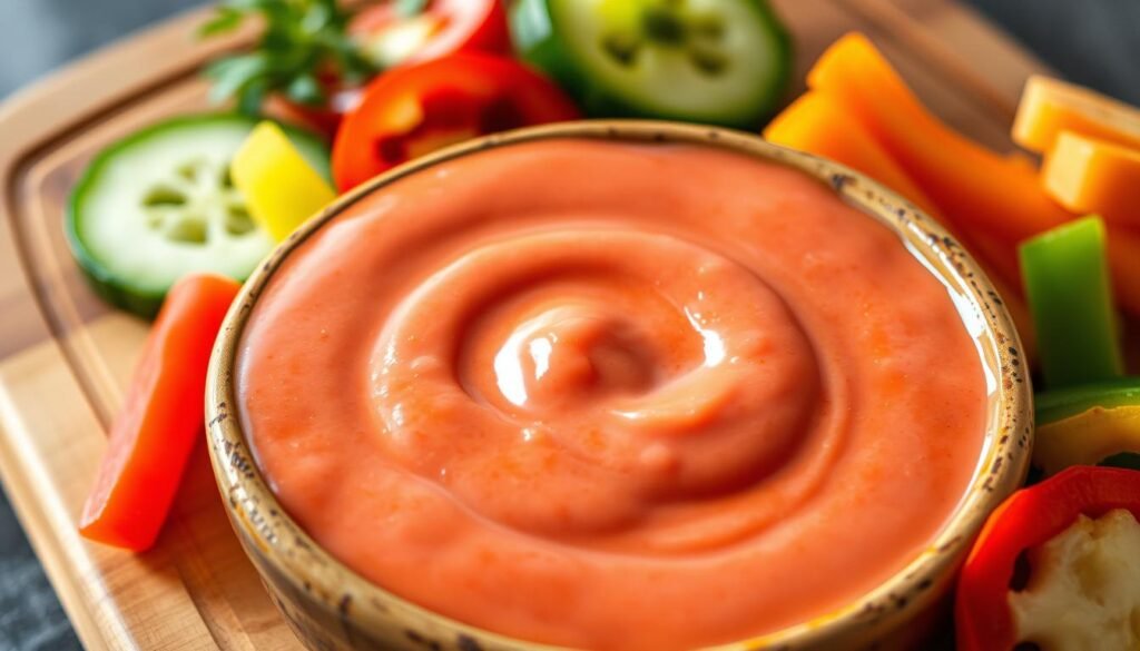 A close-up view of a vibrant bowl of rich, creamy red ranch sauce, showcasing its smooth texture and deep red color. The sauce is presented in a rustic ceramic bowl, surrounded by fresh, vibrant vegetables like sliced bell peppers and cucumbers, hinting at its use as a dipping sauce. In the background, a wooden cutting board adds warmth and a cozy atmosphere. Soft, diffused natural lighting fills the scene, creating inviting highlights on the sauce's surface while casting gentle shadows. The angle is slightly above the bowl, providing a tantalizing perspective that emphasizes the sauce's lusciousness. The overall mood is appetizing, capturing the essence of a delicious and beloved recipe.