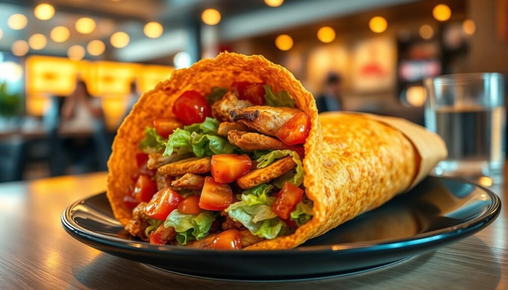 A close-up view of a vibrant, royal crispy wrap on a sleek black plate, showcasing a golden-brown, crunchy exterior perfectly folded. The wrap is generously filled with fresh, colorful ingredients like shredded lettuce, diced tomatoes, and succulent grilled chicken, oozing with a rich, tangy sauce. In the background, a blurred fast-food restaurant interior can be seen, softly lit with warm yellow lights, evoking a cozy atmosphere. Add an elegant table setting with a tasteful beverage beside the plate, all captured from a slight overhead angle to emphasize the deliciousness of the dish. The overall mood is inviting and indulgent, celebrating the innovation of new flavors in fast food.