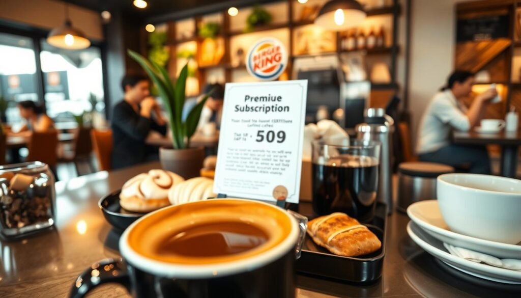 A close-up view of a visually appealing Burger King subscription service display, featuring a premium coffee station with various coffee options prominently arranged. In the foreground, an elegant coffee cup with steam rising, showcasing a rich espresso topped with frothy milk art. In the middle, a stylish subscription card highlighting details of the service, surrounded by fresh pastries and light snacks. The background includes a cozy cafe setting with soft, warm lighting, accentuated by blurred plants and customers enjoying their coffee. The atmosphere is inviting and modern, creating a sense of indulgence and value in the coffee experience. Use a slight overhead angle that captures the vibrancy of the coffee and pastries, emphasizing the enjoyment of savoring coffee at Burger King. A close-up view of a visually appealing Burger King subscription service display, featuring a premium coffee station with various coffee options prominently arranged. In the foreground, an elegant coffee cup with steam rising, showcasing a rich espresso topped with frothy milk art. In the middle, a stylish subscription card highlighting details of the service, surrounded by fresh pastries and light snacks. The background includes a cozy cafe setting with soft, warm lighting, accentuated by blurred plants and customers enjoying their coffee. The atmosphere is inviting and modern, creating a sense of indulgence and value in the coffee experience. Use a slight overhead angle that captures the vibrancy of the coffee and pastries, emphasizing the enjoyment of savoring coffee at Burger King.