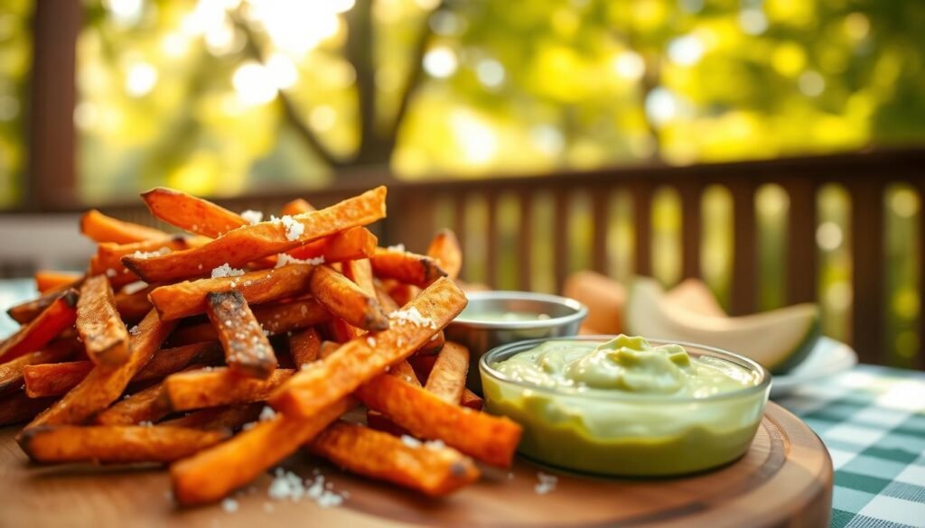 A close-up view of a wooden serving platter adorned with a generous serving of golden-brown baked sweet potato fries, styled to evoke a sense of healthiness and indulgence. The fries are sprinkled with a pinch of sea salt and accompanied by a small bowl of tangy avocado dip, featuring a vibrant green color. In the background, a blurred outdoor dining setting is softly illuminated by warm, natural light filtering through leafy trees, creating a tranquil and inviting atmosphere. The overall composition conveys a mood of light-hearted enjoyment and guilt-free dining, showcasing a delicious alternative to traditional fries. The camera angle is slightly elevated for a dynamic perspective, highlighting the appetizing textures and colors of the food.