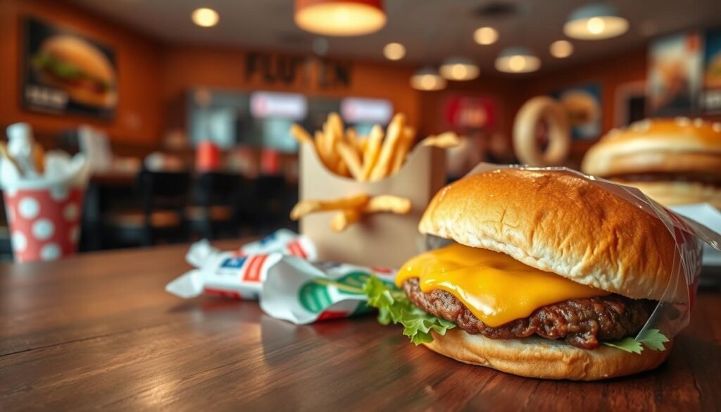 A close-up view of a wooden table filled with various gluten-containing fast food items to avoid, such as buns, breaded chicken, and pastry desserts. In the foreground, a colorful burger with a glossy bun is partially unwrapped, revealing a traditional patty and toppings. The middle section showcases a cardboard box of fries and a layered cake, both glistening under natural lighting that highlights the details. The background features a blurred out dining area of a fast-food restaurant, enhancing the focus on the items in the foreground. The mood is cautionary yet vibrant, illustrating the dangers of gluten for those with sensitivities. Capture this scene with a shallow depth of field and warm lighting to create an inviting but serious atmosphere.