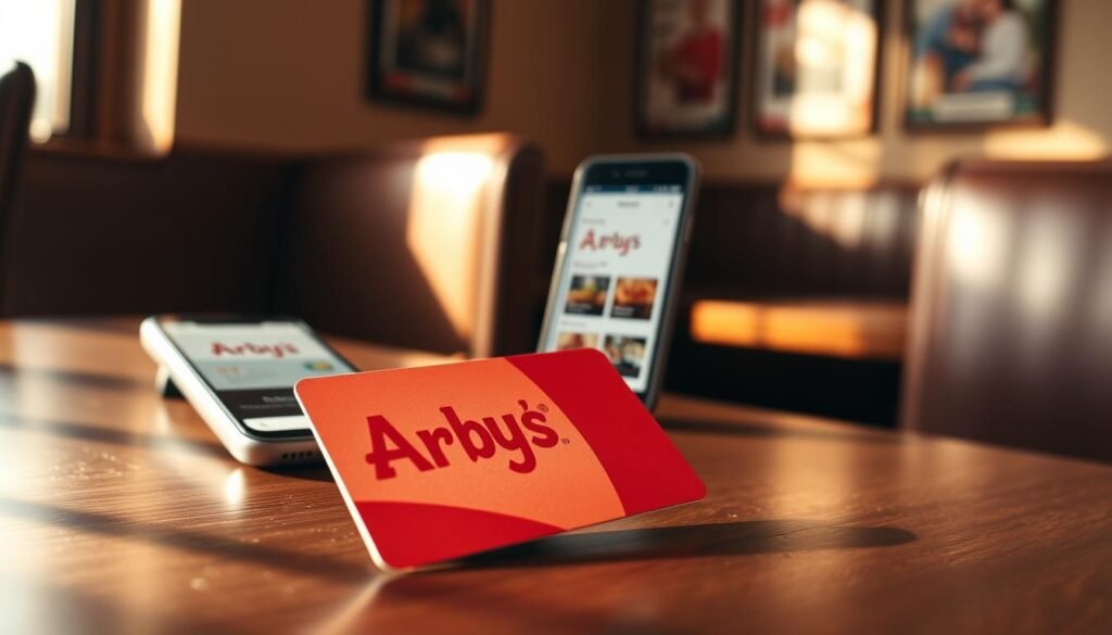 A close-up view of an Arby's gift card, elegantly displayed on a wooden table, with a smartphone showing the Arby's website in the background, subtly out of focus. The gift card should showcase its vibrant red and white design with the Arby’s logo clearly visible. Soft, natural lighting filters through a nearby window, casting gentle shadows that enhance the textures of the card and table. In the background, hints of a cozy restaurant interior, such as a booth or framed menu items, create an inviting atmosphere. The scene conveys a sense of ease and comfort, inviting viewers to check their gift card balance effortlessly.