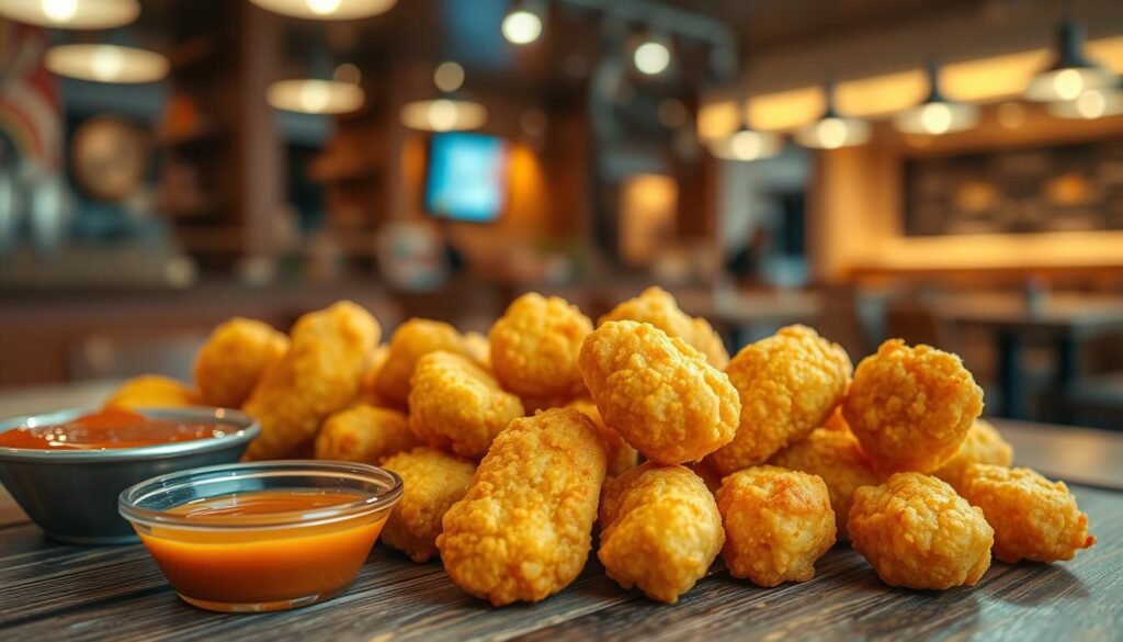 A close-up view of crispy, golden-brown McNuggets arranged artistically on a rustic wooden table. Each nugget is perfectly shaped, with a light steam rising from them, suggesting warmth and freshness. Beside the nuggets, small bowls of tangy dipping sauces — BBQ, sweet and sour, and honey mustard — are artistically placed, enhancing the appeal. In the background, softly blurred, there are hints of a McDonald's restaurant interior, with soft, warm lighting illuminating the scene to create an inviting atmosphere. The angle captures the texture and detail of the nuggets, making them the focal point, while the overall mood is cheerful and appetizing, invoking a sense of craving for delicious snack foods. The composition is vibrant and well-balanced, creating an enticing visual for a food review.