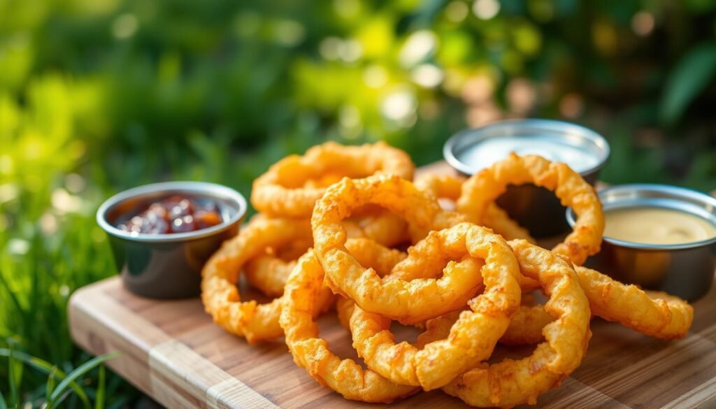 A close-up view of golden, crispy onion rings arranged artistically on a wooden cutting board, showcasing their texture and richness. The rings are lightly salted, glistening with a hint of oil, and surrounded by small bowls of various dipping sauces such as tangy barbecue, zesty ranch, and creamy honey mustard. In the background, a softly blurred outdoor setting with lush green grass and hints of sunlight filtering through leaves creates a warm, inviting atmosphere. The soft natural light highlights the crispy edges and golden-brown color of the onion rings, while a shallow depth of field draws attention to the foreground. The mood is casual and friendly, perfect for a fun meal sharing experience.