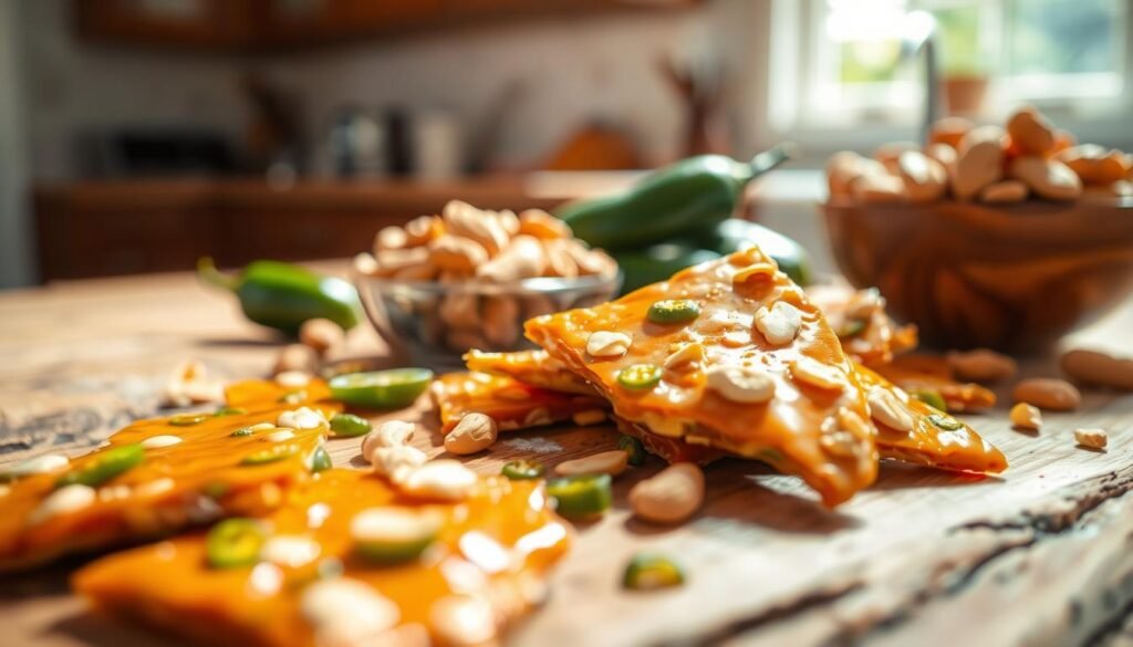 A close-up view of jalapeño peanut brittle on a rustic wooden table, showcasing its glossy, caramelized surface speckled with green jalapeño pieces and crunchy peanuts. In the foreground, the brittle pieces are arranged artistically, some broken to reveal their texture. In the middle ground, a bowl filled with whole peanuts and a couple of fresh jalapeños adds depth. The background features a softly blurred kitchen with warm light illuminating the scene, creating a cozy atmosphere. The image captures the sweet and spicy character of the treat, highlighting its vibrant colors under natural sunlight. The angle is slightly tilted to enhance the composition, inviting viewers to reach out and enjoy this unique snack.