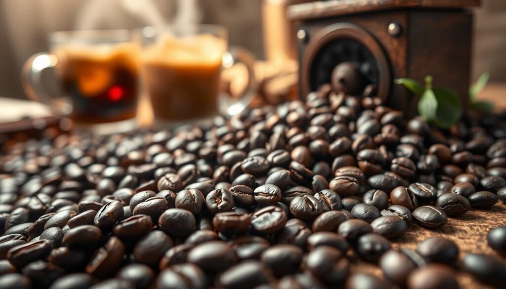 A close-up view of premium coffee beans spread across a wooden surface, showcasing their rich, dark brown hues and intricate textures. Each bean glistens subtly under soft, warm lighting that enhances the details while creating a cozy atmosphere. In the background, out-of-focus elements of a rustic coffee grinder and a steaming cup of iced coffee hint at the brewing process, adding depth without distraction. The overall mood is inviting and fresh, emphasizing the quality and importance of selecting the finest beans for a superior coffee experience. This composition is shot from a slightly elevated angle, making the beans the clear focus, while surrounding elements suggest a coffee lover's dream environment. A close-up view of premium coffee beans spread across a wooden surface, showcasing their rich, dark brown hues and intricate textures. Each bean glistens subtly under soft, warm lighting that enhances the details while creating a cozy atmosphere. In the background, out-of-focus elements of a rustic coffee grinder and a steaming cup of iced coffee hint at the brewing process, adding depth without distraction. The overall mood is inviting and fresh, emphasizing the quality and importance of selecting the finest beans for a superior coffee experience. This composition is shot from a slightly elevated angle, making the beans the clear focus, while surrounding elements suggest a coffee lover's dream environment.
