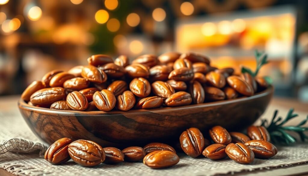 A close-up view of warm glazed almonds and mixed nuts arranged in an elegant wooden bowl, glistening with a golden sheen from the caramelized glaze. The foreground showcases a few nuts spilling over the edge, capturing their shiny texture and rich, nutty colors. In the middle, the bowl is surrounded by a soft, rustic table setting with hints of burlap and greenery, adding organic warmth to the scene. The background features a blurred landscape of a cozy snack aisle, softly lit with warm, inviting lighting that enhances the golden tones of the nuts. The overall atmosphere is homely and inviting, perfect for a snacking experience, evoking a sense of comfort and indulgence.