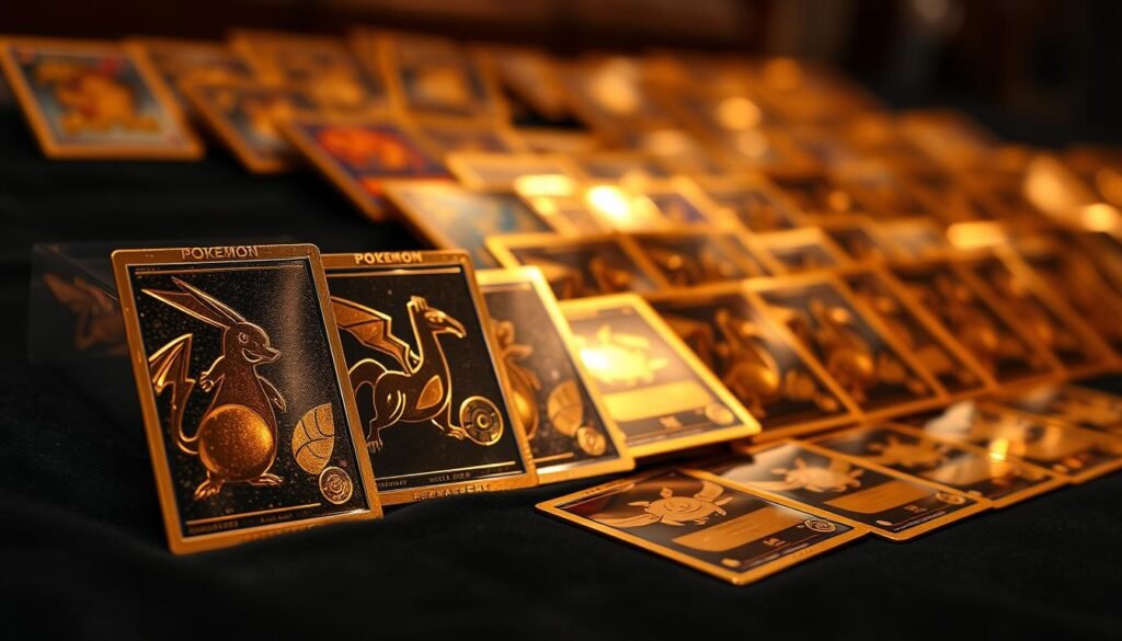 A collection of shiny, gold-plated Pokemon cards displayed elegantly on a dark velvet surface. In the foreground, focus on the intricate details of a few standout cards featuring iconic Pokemon like Pikachu and Charizard, shimmering under soft, warm lighting that highlights the reflective surfaces. In the middle ground, showcase the full collection, artfully arranged with a slight tilt to reveal their glossy finish and unique designs. The background should be blurred and softly illuminated, featuring faint outlines of more cards to imply abundance, creating a sense of luxury and nostalgia. Capture this scene with a shallow depth of field using a macro lens to emphasize texture and quality, evoking a mood of admiration and wonder.