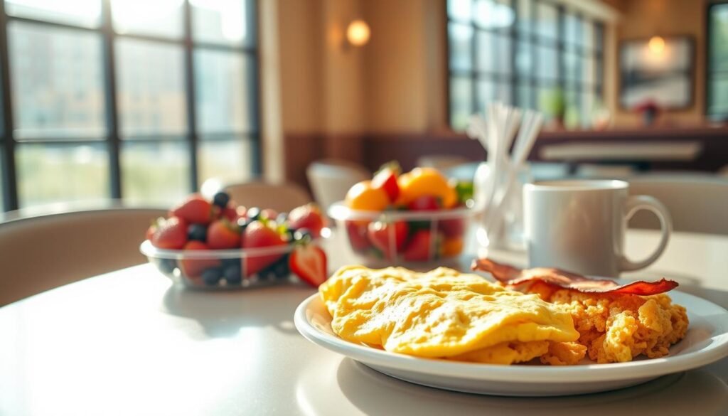 A colorful breakfast table set in a modern diner, showcasing a variety of breakfast menu items. In the foreground, an inviting plate of golden hash browns and crispy bacon sits beside a fluffy, perfectly cooked omelet. The middle ground features an assortment of fresh fruits, including vibrant strawberries and blueberries, alongside a steaming cup of coffee. In the background, the ambiance captures the warm glow of morning light filtering through large windows, illuminating the cozy, inviting atmosphere. The lens captures a slight depth of field, emphasizing the breakfast items in a sharp focus while softening the diner scene behind them. The mood is cheerful and relaxed, evoking the spirit of a leisurely breakfast gathering.