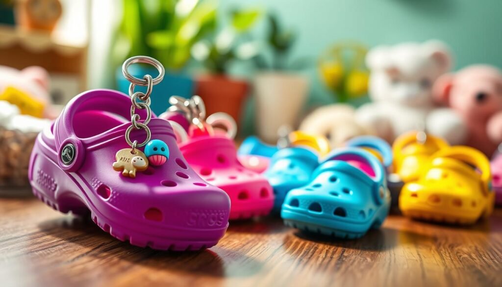A colorful collection of mini crocs keychains, featuring various designs and vibrant colors, displayed on a wooden surface. In the foreground, highlight a detailed close-up of a bright purple mini crocs keychain adorned with playful charms. The middle section showcases a variety of other mini crocs keychains in shades of pink, blue, and yellow, arranged artistically to create visual interest. The background presents a softly blurred playful setting reminiscent of a child's play area, with hints of greenery and soft toys adding a whimsical touch. The lighting is bright and cheerful, casting gentle shadows to enhance the vibrancy of the keychains. Capture the scene using a macro lens for sharp detail, evoking a fun and nostalgic atmosphere that celebrates the joy of collecting these adorable accessories.