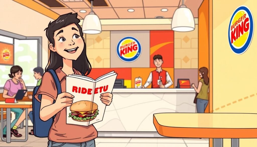 A colorful, detailed illustration showing the process of ordering a Rodeo Burger at Burger King. In the foreground, a cheerful customer in casual, modest clothing holds a menu with an image of the Rodeo Burger prominently displayed. In the middle, a friendly staff member stands behind a clean, modern counter, ready to take the order, with the iconic Burger King logo visible on the wall. In the background, vibrant decor showcasing the Burger King theme sets the scene, with a few other customers enjoying their meals. Soft, natural lighting enhances the inviting atmosphere, while a slightly angled perspective captures the busy yet welcoming ambiance of the restaurant, emphasizing the joy of customizing a delicious burger.
