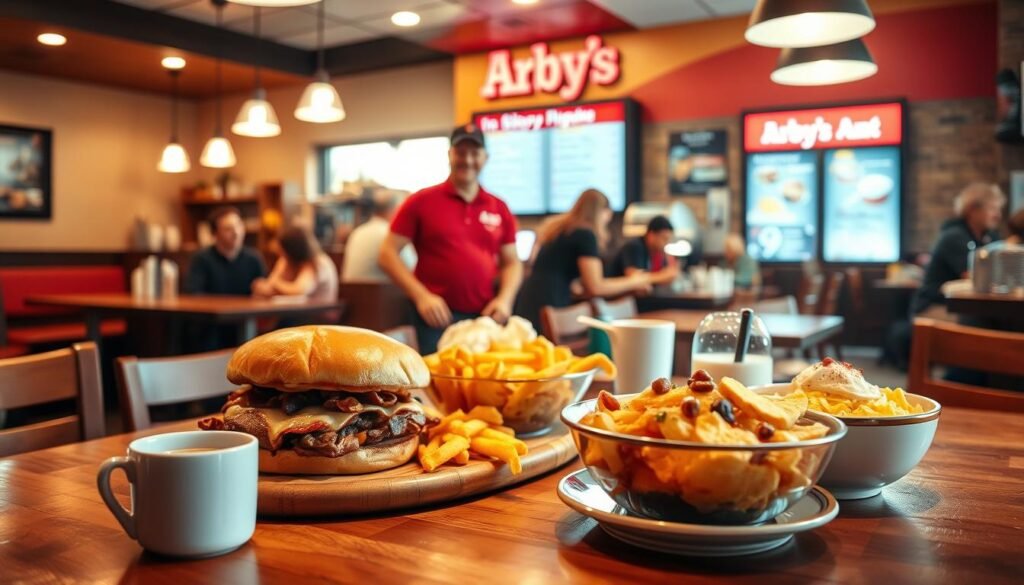 A cozy Arby's restaurant during breakfast hours, showcasing a well-lit interior filled with warm tones. In the foreground, a tantalizing selection of signature breakfast items such as a classic roast beef sandwich, hash browns, and a seasonal breakfast bowl neatly arranged on a rustic wooden table. A steaming cup of coffee sits beside the food, emitting a swirl of steam. In the middle ground, a friendly staff member in a red Arby’s polo shirt is preparing breakfast orders, smiling as customers chat and enjoy their meals. The background features the Arby's menu board softly illuminated, displaying breakfast items. The overall atmosphere is inviting and energizing, with natural morning light filtering through the windows, creating a cheerful and bustling breakfast vibe.