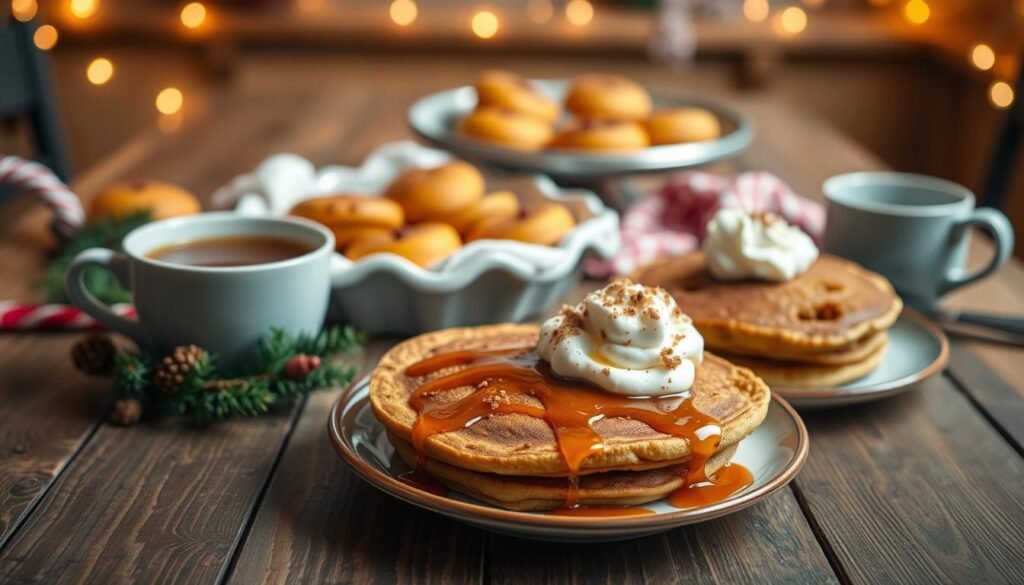 A cozy breakfast scene featuring an assortment of seasonal and holiday breakfast items, prominently displayed on a rustic wooden table. In the foreground, a beautifully arranged plate of pumpkin spice pancakes drizzled with maple syrup, garnished with cinnamon and whipped cream. Beside it, a bowl of cranberry orange muffins, colorful and inviting. In the middle background, a steaming cup of spiced apple cider and a platter of eggnog-infused breakfast casseroles, all amidst a soft, warm glow from an overhead string of fairy lights. The atmosphere is festive and inviting, capturing the essence of a holiday gathering. The lighting is soft and warm, creating a feeling of comfort and cheer, with a slight bokeh effect on the background. A cozy breakfast scene featuring an assortment of seasonal and holiday breakfast items, prominently displayed on a rustic wooden table. In the foreground, a beautifully arranged plate of pumpkin spice pancakes drizzled with maple syrup, garnished with cinnamon and whipped cream. Beside it, a bowl of cranberry orange muffins, colorful and inviting. In the middle background, a steaming cup of spiced apple cider and a platter of eggnog-infused breakfast casseroles, all amidst a soft, warm glow from an overhead string of fairy lights. The atmosphere is festive and inviting, capturing the essence of a holiday gathering. The lighting is soft and warm, creating a feeling of comfort and cheer, with a slight bokeh effect on the background.