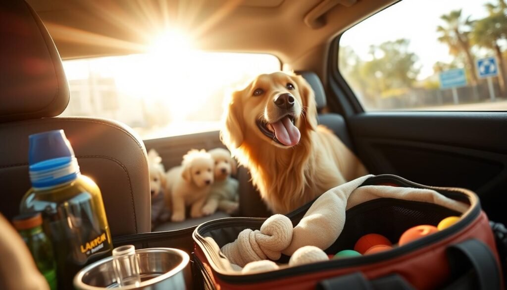 A cozy interior of a car on a long road trip with a dog comfortably settled in the backseat. The dog is a golden retriever, looking joyful with its tongue out. In the foreground, an open pet travel bag is displayed with essentials like a water bottle, travel bowl, and a soft blanket. In the middle, the backseat shows a few pet toys scattered around. The sunlight streams in through the car window, creating a warm, inviting atmosphere. In the background, blurred images of trees and road signs convey the motion of travel. The scene is shot from an angle that captures both the dog and the travel necessities, evoking a sense of adventure and preparation for a long journey with a beloved pet. The overall mood is cheerful and family-oriented, ideal for sharing tips on traveling with pets.