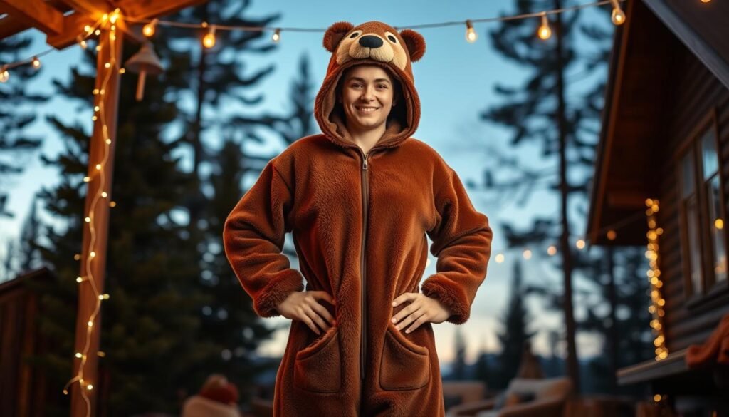 A cozy scene featuring a person wearing a beaver union suit, showcasing its unique beaver-themed design. The suit is made of soft, plush fabric with a rich brown color and distinct beaver facial features on the hood. In the foreground, the individual stands confidently with hands on hips, sporting a playful smile. The middle ground includes a rustic cabin setting, surrounded by tall pine trees and twinkling fairy lights that create a warm ambiance. The background features a twilight sky, casting a gentle glow over the scene. Capture this image with soft, diffused lighting to enhance the inviting atmosphere, using a slightly angled perspective to emphasize the fun elements of the beaver suit while maintaining a tasteful, cheerful mood.