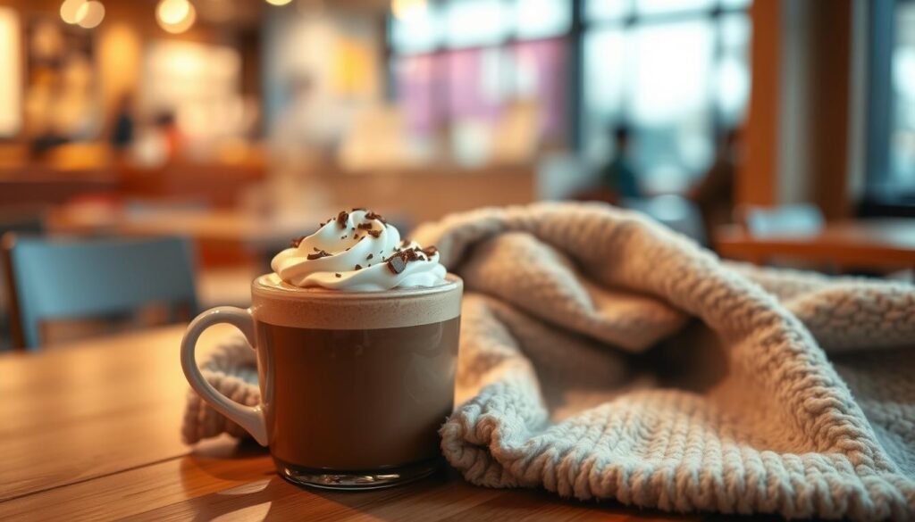 A cozy scene featuring a rich, warm cup of McDonald's hot chocolate, sitting on a wooden table. The foreground displays the steaming cup with whipped cream delicately piled on top, garnished with chocolate shavings. In the middle, a soft, inviting texture of a plush blanket partially drapes over the table, subtly enhancing the warmth of the scene. The background reveals a softly lit McDonald's interior, with blurred hints of the restaurant’s iconic colors. The lighting is warm and inviting, resembling the gentle glow of early evening, with a slight bokeh effect around the edges to focus on the hot chocolate. The overall mood should be comforting and indulgent, inviting the viewer to imagine enjoying this delicious treat.