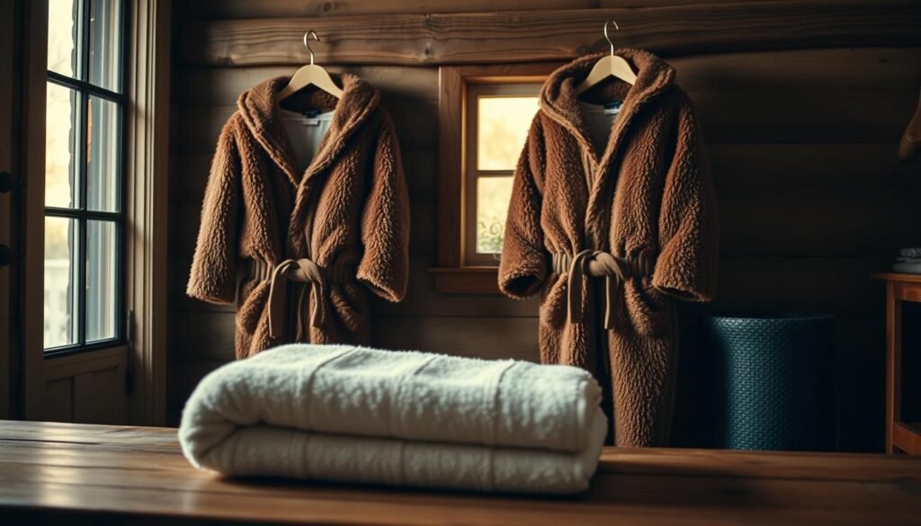 A cozy setting showcasing a plush beaver-themed union suit, intricately designed with soft brown and beige fleece patterns resembling a beaver's fur. The union suit is featured hanging on a rustic wooden hook, suggestive of a comfortable, homey environment. In the foreground, a neatly folded white towel is placed on a wooden bench, emitting an inviting vibe. In the middle background, a softly lit room has warm, ambient light filtering through a large window, casting gentle shadows that enhance the suit's texture. The atmosphere is fun and playful, encouraging a sense of comfort and leisure. Ensure the lighting is warm and inviting, with a focus on showcasing the beaver suit's details without any distractions.
