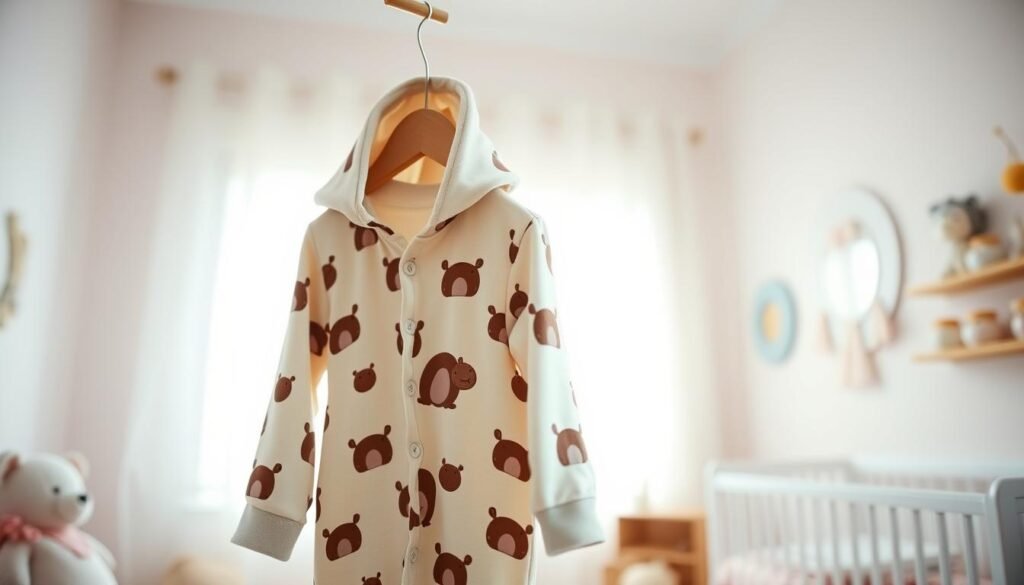 A cozy toddler onesie featuring a playful Beaver pattern inspired by Buc-ee's. The foreground showcases the soft fabric of the onesie, emphasizing its snug fit with adorable buttons and a cheerful hood. In the background, a softly lit nursery environment creates a warm, inviting atmosphere, with pastel colored walls and gentle toys scattered around. Soft, diffused natural light streams in through a nearby window, enhancing the cozy feel. The angle captures the onesie hanging on a charming wooden hanger, creating a sense of whimsy and child-like magic. The mood is joyful and serene, perfect for showcasing toddler fashion. The scene is devoid of any text or distractions, focusing entirely on the onesie as an appealing clothing option for infants.