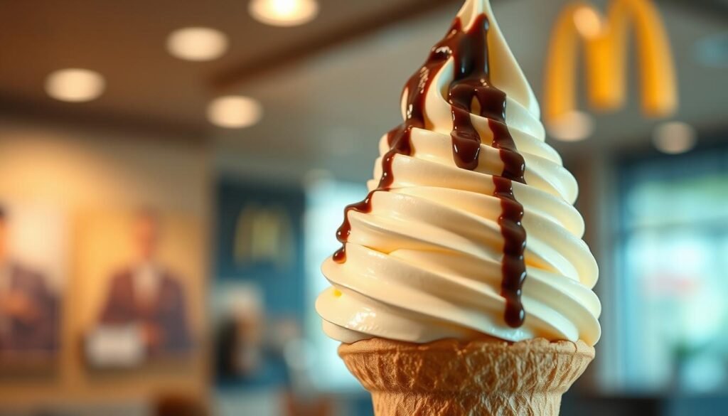 A creamy, swirled vanilla soft serve ice cream cone, perfectly formed and abundant, sits prominently in the foreground, glistening under soft, natural lighting. The ice cream has a smooth texture, with tiny, delicate droplets of condensation forming on the surface. In the middle ground, a rich, glossy hot fudge drizzle is artfully cascading over the top of the soft serve, adding a contrast of color and allure. The background features a blurred, inviting setting of a McDonald's restaurant, with warm earthy tones and soft-focus imagery suggesting a cozy atmosphere. The scene evokes a sense of indulgence and happiness, perfect for showcasing quality ingredients. The angle is slightly above eye level, offering a tantalizing perspective that draws the viewer in, celebrating the delightful experience of enjoying this classic dessert. A creamy, swirled vanilla soft serve ice cream cone, perfectly formed and abundant, sits prominently in the foreground, glistening under soft, natural lighting. The ice cream has a smooth texture, with tiny, delicate droplets of condensation forming on the surface. In the middle ground, a rich, glossy hot fudge drizzle is artfully cascading over the top of the soft serve, adding a contrast of color and allure. The background features a blurred, inviting setting of a McDonald's restaurant, with warm earthy tones and soft-focus imagery suggesting a cozy atmosphere. The scene evokes a sense of indulgence and happiness, perfect for showcasing quality ingredients. The angle is slightly above eye level, offering a tantalizing perspective that draws the viewer in, celebrating the delightful experience of enjoying this classic dessert.