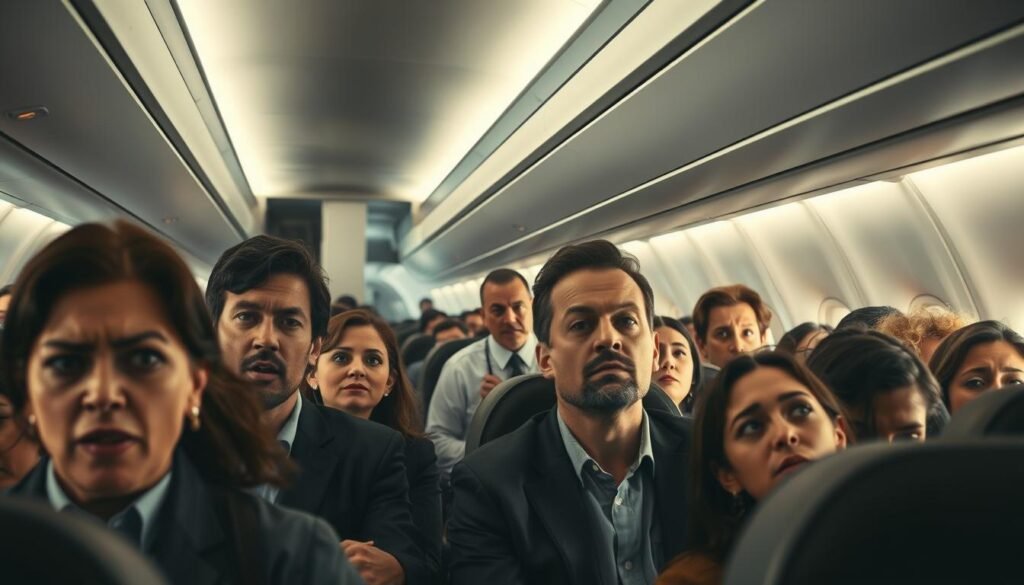 A crowded airplane interior showing a moment of tension and escalation among passengers. In the foreground, a diverse group of passengers, wearing professional business attire and modest casual clothing, display various reactions: surprise, concern, and a mix of anxiety and curiosity. In the middle ground, an airline attendant looks alarmed, while a few passengers lean forward in their seats, trying to comprehend the unfolding situation. The background features a blurred view of the airplane's windows, with dark stormy clouds visible outside, enhancing the sense of urgency. Soft overhead lighting casts an anxious atmosphere across the scene, highlighting the expressions on the passengers' faces. The angle is slightly tilted, creating a feeling of unease while maintaining focus on the human reactions within the enclosed space.