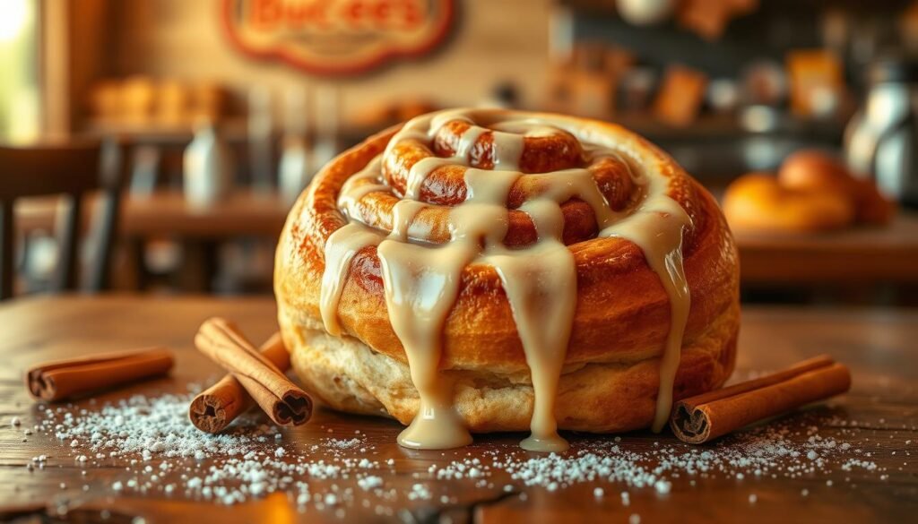A delectable, freshly baked cinnamon roll sits on a rustic wooden table, glistening with a creamy icing glaze that drips artfully down its spiraled sides. The foreground highlights the roll's soft, fluffy texture and golden-brown swirls, inviting and tempting to any viewer. In the middle ground, a scattering of cinnamon sticks and a sprinkle of powdered sugar complement the roll, enhancing the warm, cozy atmosphere. The background features a softly blurred cafe setting with hints of warm brown hues, evoking a welcoming ambiance reminiscent of a cozy bakery. The lighting is warm and golden, simulating late afternoon light that casts gentle shadows, creating depth and inviting the viewer to savor the moment. The overall mood is comforting and indulgent, showcasing the iconic Buc-ee's cinnamon roll in an appealing and mouth-watering manner.