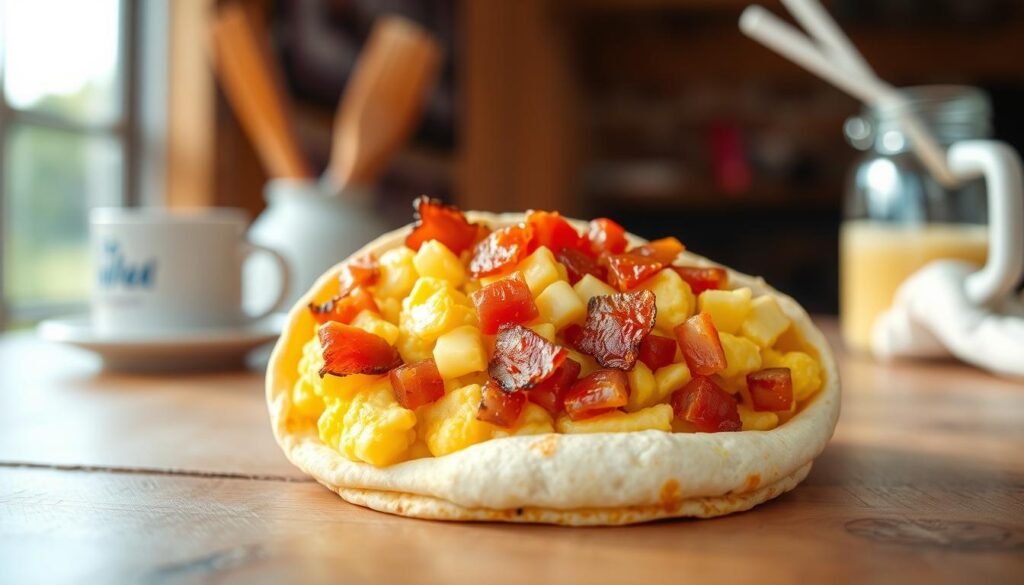 A delicious "Breakfast Burrito Jr." centered in the foreground, showcasing its warm, soft tortilla wrapped tightly around fluffy scrambled eggs, diced crispy bacon, fresh shredded cheese, and vibrant salsa, creating a mouthwatering appeal. Highlight the burrito's texture with golden-brown edges and a slightly glossy finish. In the middle background, a rustic wooden table serves to enhance the inviting ambiance. Soft, natural morning light streams in from a nearby window, casting gentle shadows and illuminating the burrito's appetizing ingredients. The atmosphere feels cozy and inviting, perfect for a morning meal. Ensure there are no distractions in the background to keep the focus on the burrito itself, making it the star of the scene.