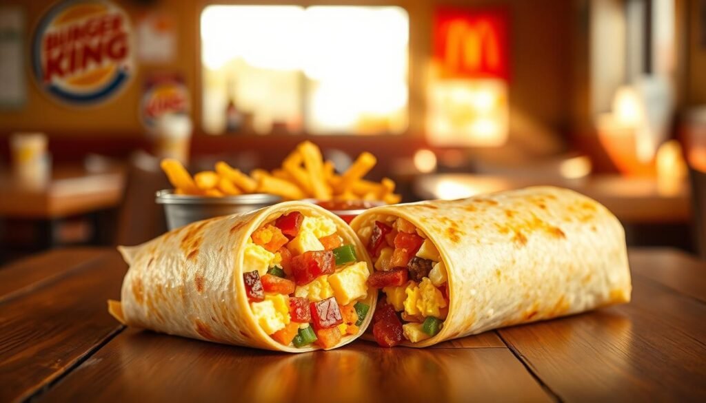 A delicious Burger King breakfast burrito prominently featured in the foreground, arranged on a rustic wooden table. The burrito is golden brown, perfectly wrapped, and oozing with vibrant ingredients such as scrambled eggs, cheese, bacon, and diced vegetables peeking out. In the middle, a side of crispy hash browns and a small bowl of salsa add to the appeal. The background showcases a softly blurred diner setting, with warm morning light streaming through a window, creating a cozy atmosphere. The scene is captured from a slightly elevated angle, emphasizing the burrito's texture and ingredients. Overall, the image conveys a warm, inviting mood perfect for starting the day with a satisfying breakfast.