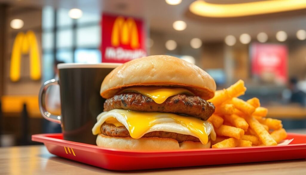 A delicious McDonald's breakfast combo meal, featuring a fluffy egg and cheese sandwich with a perfectly cooked sausage patty, crispy golden hash browns, and a steaming cup of fresh coffee. The foreground showcases the enticing details of the meal, garnished with subtle reflections of melted cheese and a slight sheen on the coffee. In the middle ground, the meal is placed on a classic red and yellow McDonald's tray, artfully arranged to highlight its value. The background features a soft-focus interior of a McDonald's restaurant, with iconic elements like the golden arches and bright, welcoming lighting creating an inviting atmosphere. The scene is captured from a slightly elevated angle to emphasize the meal's appetizing presentation while maintaining a warm and inviting mood.