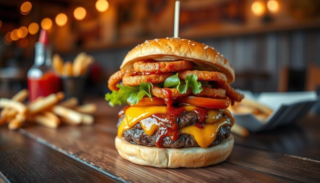 A delicious Rodeo Burger, featuring a juicy beef patty topped with crispy onion rings, smoky barbecue sauce, and melted cheddar cheese, sits prominently in the foreground. The burger is garnished with fresh lettuce and ripe tomato slices, all arranged on a toasted sesame seed bun. The middle ground showcases a rustic wooden table that hints at a casual dining atmosphere, with a faintly blurred bottle of ketchup and a side of golden french fries. In the background, warm, inviting ambient lighting creates a cozy environment, enhancing the burger's appetizing colors. Shot from a slightly elevated angle, the image captures the burger's rich textures and vibrant colors, evoking a mouthwatering sensation and a sense of comfort food joy. The overall mood is warm and inviting, perfect for making viewers crave this flavorful experience.