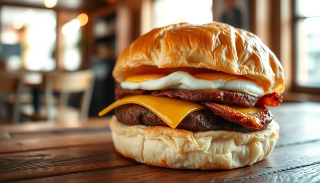 A delicious biscuit croissant sandwich, carefully assembled with a fluffy biscuit base and a flaky croissant top, stuffed with layers of savory sausage, melted cheese, and fresh eggs. The sandwich is placed on a rustic wooden table with a warm, inviting background of a cozy cafe. Soft morning light filters through a nearby window, casting a gentle glow on the sandwich, highlighting its textures. A close-up angle focuses on the sandwich while including a hint of the cafe's interior in soft focus, creating a relaxed and welcoming atmosphere. The colors are warm and appetizing, emphasizing the golden-brown hues of the biscuit and croissant, and the vibrant colors of the filling.