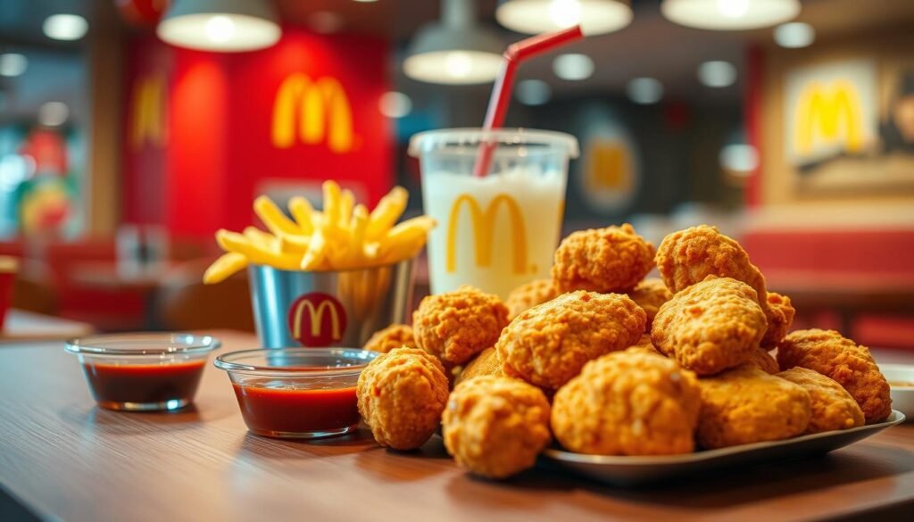 A delicious chicken McNuggets meal displayed enticingly on a wooden table. In the foreground, a generously sized portion of crispy golden-brown chicken McNuggets, perfectly arranged with a small cup of tangy barbecue sauce and sweet and sour sauce beside them. In the middle, a side of golden, freshly cooked fries, and a refreshing drink in a clear cup with a straw, showcasing the McDonald's logo. The background features a soft-focus of a vibrant McDonald's restaurant interior, with bright colors and playful decor. Soft, warm lighting illuminates the scene, creating an inviting atmosphere that highlights the meal's appeal. The shot is taken at a slight angle to capture the textures and details of the food.