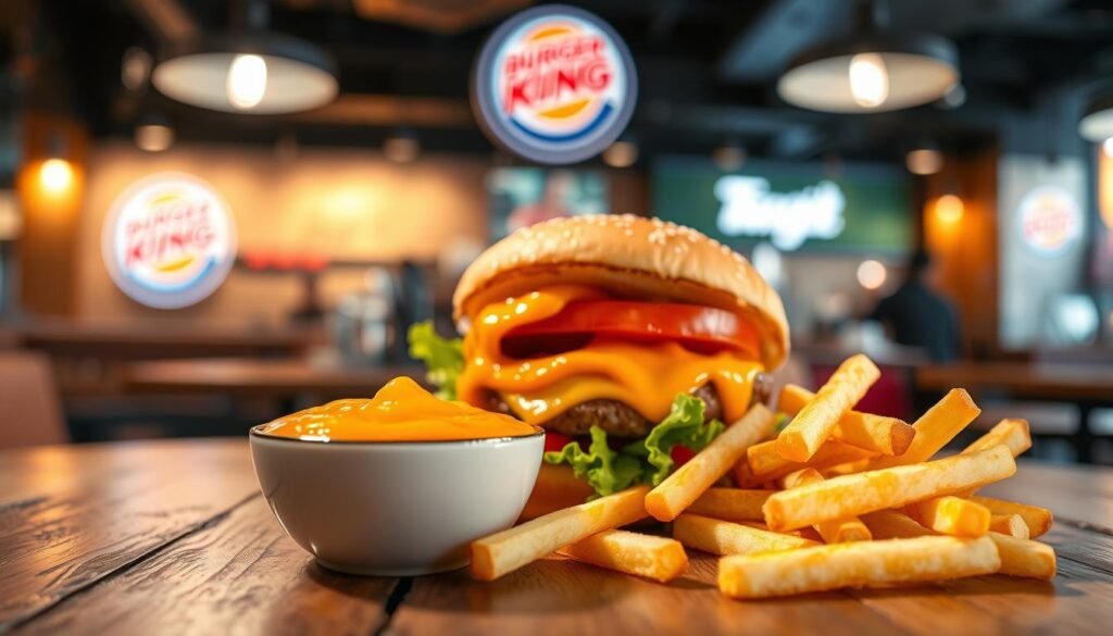 A delicious, close-up shot of a Burger King zesty sauce, placed prominently on a rustic wooden table. The foreground features a small bowl filled with the vibrant, creamy orange sauce, glistening with freshness, alongside a handful of crispy french fries for dipping. In the middle, there's a beautifully crafted burger showcasing its ingredients – juicy meat patty, crisp lettuce, ripe tomato, and melted cheese, accentuated by the zesty sauce oozing from the sides. The background includes faintly blurred Burger King branding and a lively restaurant ambiance, with soft, warm lighting casting a welcoming glow. The mood is inviting and mouth-watering, evoking the excitement of savoring delicious fast food. The image should emphasize food texture and colors, creating an appetizing and enticing visual experience.