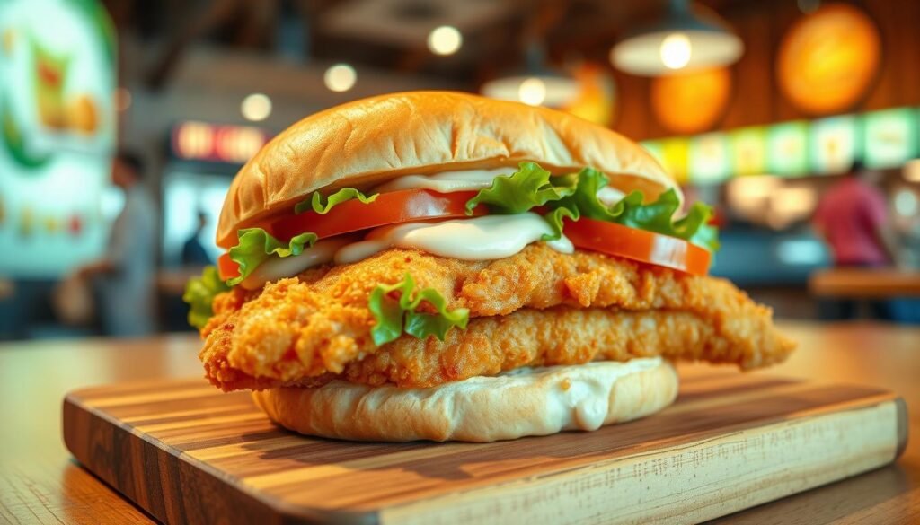 A delicious crispy fish sandwich presented on a wooden board, featuring a golden-brown, perfectly fried fish fillet topped with crunchy lettuce, tangy tartar sauce, and fresh slices of tomato. The sandwich is nestled between two lightly toasted, fluffy brioche buns, adding a warm contrast to the crispness. In the background, a softly blurred view of a fast-food restaurant bustling with customers conveys a lively atmosphere. Warm, inviting lighting enhances the sandwich's textures, highlighting the flaky fish and vibrant colors of the vegetables. The angle is slightly overhead, showing the enticing layers of the sandwich, making it look appetizing and irresistible, ideal for food enthusiasts. The mood is cheerful and hungry, perfect for showcasing this delightful fast food option.