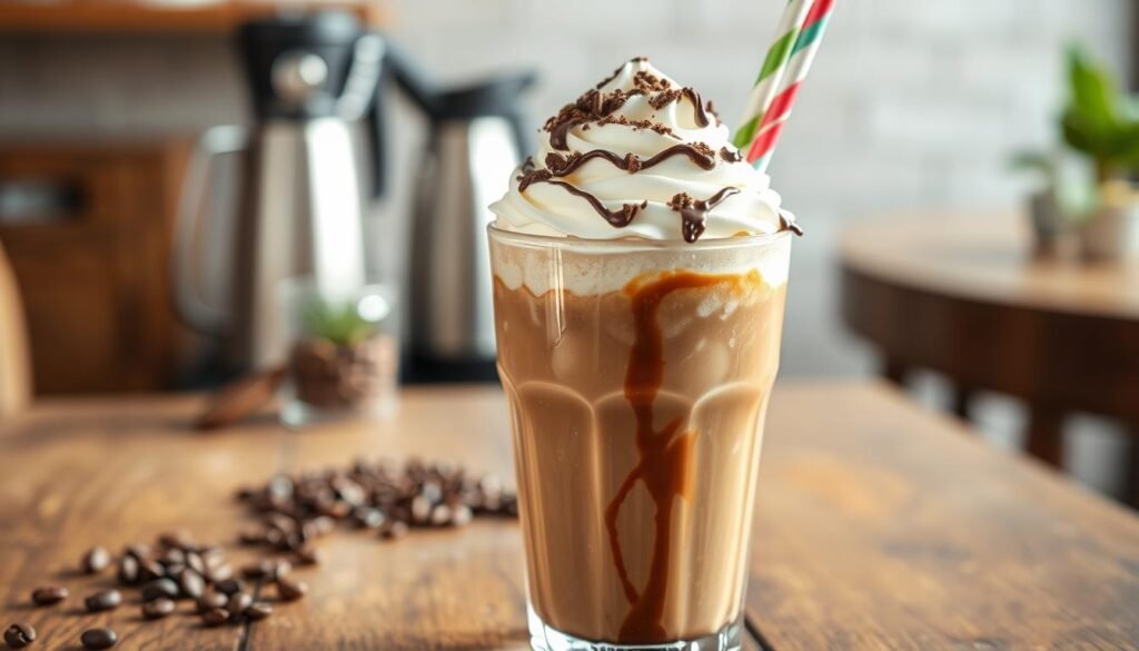 A delicious jamocha shake, showcased in a clear glass filled to the brim with a rich, creamy blend of coffee and chocolate flavors. The shake is topped with a generous swirl of whipped cream, drizzled with chocolate syrup, and garnished with a chocolate sprinkle. The foreground features the shake on a rustic wooden table, with a colorful straw sticking out. In the middle, soft natural lighting illuminates the shake, enhancing its rich brown tones and creamy texture. A blurred background includes a cozy café setting with coffee beans and a small plant, creating a warm and inviting atmosphere. The angle captures the shake slightly from above, emphasizing its enticing layers and inviting appearance.