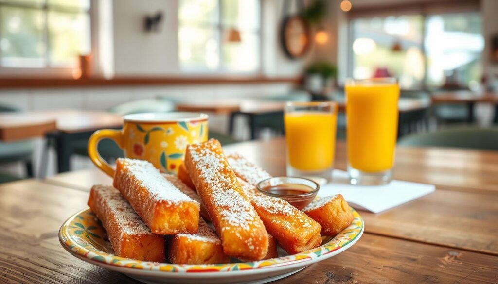 A delicious plate of golden French toast sticks, perfectly crispy on the outside and fluffy on the inside, lies in the foreground. The sticks are dusted lightly with powdered sugar and accompanied by a small dish of rich maple syrup for dipping. Plated on a vibrant ceramic dish, the food contrasts with a rustic wooden table. In the middle ground, a steaming cup of freshly brewed coffee adds warmth to the scene, alongside a small glass of fresh orange juice, emphasizing a classic breakfast feel. The background features a soft-focus imagery of a bright and inviting breakfast cafe with natural light streaming through large windows. The overall atmosphere is cozy and inviting, ideal for a morning café setting. A delicious plate of golden French toast sticks, perfectly crispy on the outside and fluffy on the inside, lies in the foreground. The sticks are dusted lightly with powdered sugar and accompanied by a small dish of rich maple syrup for dipping. Plated on a vibrant ceramic dish, the food contrasts with a rustic wooden table. In the middle ground, a steaming cup of freshly brewed coffee adds warmth to the scene, alongside a small glass of fresh orange juice, emphasizing a classic breakfast feel. The background features a soft-focus imagery of a bright and inviting breakfast cafe with natural light streaming through large windows. The overall atmosphere is cozy and inviting, ideal for a morning café setting.