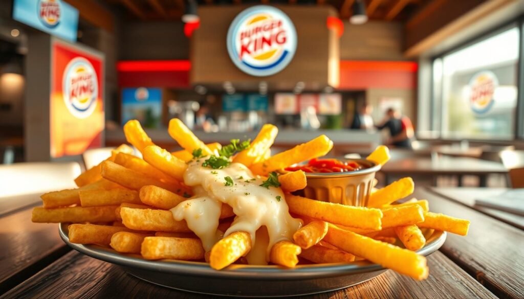 A delicious plate of golden, crispy mozzarella fries, perfectly melted cheese oozing from the edges, served on a rustic wooden table. In the foreground, the fries are topped with a sprinkle of fresh herbs, and a small bowl of marinara sauce sits nearby for dipping, creating an inviting contrast. The middle layer features a vibrant, bustling fast-food environment, with the Burger King logo subtly in the background. The lighting is warm and inviting, simulating late afternoon sunlight that highlights the gooey texture of the cheese. The angle is slightly above eye level, offering a mouthwatering perspective that makes the fries the focal point. The overall mood is joyful and casual, evoking a sense of comfort and indulgence. No text or watermarks are present.