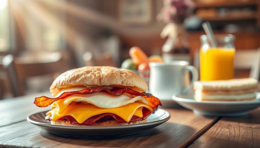 A delicious slice of American cheese melted perfectly on a fluffy breakfast sandwich, positioned prominently in the foreground. The sandwich features layers of crispy bacon and a freshly cracked fried egg, creating an inviting, hearty morning meal. In the middle ground, a rustic wooden table enhances the homey feel, with a small bowl of fresh fruit and a steaming cup of coffee hinting at a complete breakfast experience. Soft, natural lighting cascades from the left, creating warm highlights and gentle shadows, evoking a comforting morning atmosphere. The background is softly blurred, hinting at a cozy diner setting, with the focus entirely on the delicious breakfast items, inviting the viewer to indulge in a satisfying morning feast.