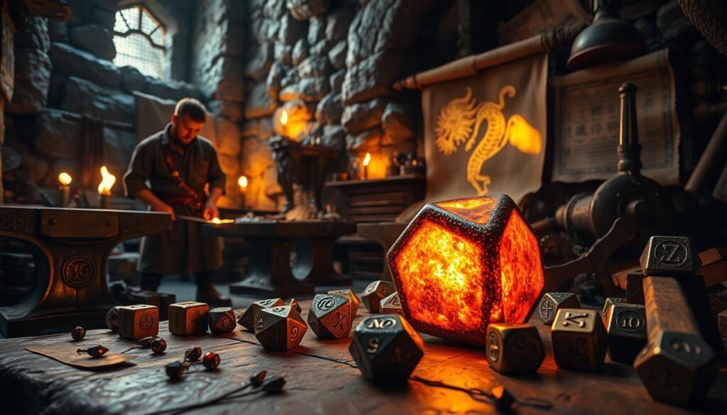 A detailed Norse foundry scene, showcasing gleaming metal tools and DnD dice in various designs, crafted from iron and bronze, with intricate runes etched into each piece. In the foreground, a blacksmith in modest clothing concentrates on shaping a glowing, molten metal pour into a rugged mold shaped like a dice. The middle ground features heavy anvils, scattered gemstones, and unfurling parchment depicting ancient Norse mythologies. In the background, towering stone walls illuminated by flickering torches create a warm, inviting atmosphere, with shadows dancing playfully. The lighting casts a golden hue, emphasizing the craftsmanship and artistry of the foundry. Use a slightly low angle to create a sense of depth and showcase the grandeur of this Norse setting, evoking a sense of adventure and creativity in gaming.