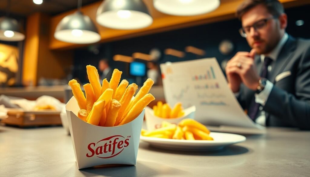 A detailed analysis of Satisfries, set in a well-lit, modern fast-food restaurant environment. In the foreground, showcase an elegantly served portion of Satisfries in a branded paper holder, emphasizing their unique shape and crispy texture. The middle ground features a softly blurred table with other unappealing side dishes, highlighting the contrast between the Satisfries and less popular options. In the background, capture an attentive food reviewer in professional attire, examining the fries with a thoughtful expression, surrounded by charts and notes detailing the fries' market analysis. The lighting is warm and inviting, evoking a casual yet analytical atmosphere. Use a slightly elevated angle to convey depth and insight, maintaining a clear focus on the Satisfries in the foreground. A detailed analysis of Satisfries, set in a well-lit, modern fast-food restaurant environment. In the foreground, showcase an elegantly served portion of Satisfries in a branded paper holder, emphasizing their unique shape and crispy texture. The middle ground features a softly blurred table with other unappealing side dishes, highlighting the contrast between the Satisfries and less popular options. In the background, capture an attentive food reviewer in professional attire, examining the fries with a thoughtful expression, surrounded by charts and notes detailing the fries' market analysis. The lighting is warm and inviting, evoking a casual yet analytical atmosphere. Use a slightly elevated angle to convey depth and insight, maintaining a clear focus on the Satisfries in the foreground.