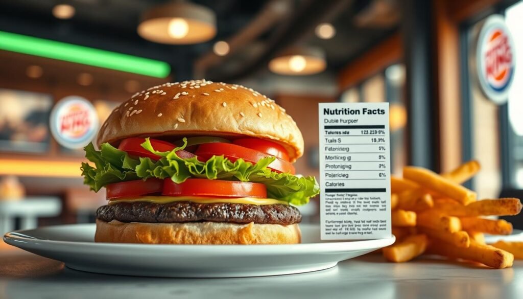 A detailed and appetizing depiction of a Burger King Double Whopper placed prominently on a clean, white plate. In the foreground, focus on the burger showcasing its layers: two juicy beef patties, crisp lettuce, ripe tomatoes, and creamy mayonnaise, all nestled within a toasted sesame seed bun. Accompany the whopper with a side of golden, crispy fries elegantly arranged on the side. In the middle, include a nutrition label displayed artistically alongside the burger, containing details like calories, fat, and protein content, but without any text. The background should feature a softly blurred Burger King restaurant interior, with warm, inviting lighting that exudes a casual dining atmosphere. Shoot this scene from a slightly elevated angle to capture all elements clearly while evoking a sense of indulgence and culinary delight.
