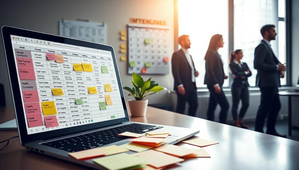 A detailed employee schedule displayed prominently on a modern office desk, layered with various colored sticky notes and time slots. In the foreground, a sleek laptop shows a spreadsheet application with employee names and shift hours. The middle ground features a wall calendar marked with relevant dates and deadlines, along with a small potted plant adding a touch of green. In the background, soft natural light filters through a window, casting gentle shadows across the desk. The overall atmosphere is organized and professional, reflecting a bustling work environment, emphasizing the importance of scheduling in workplace dynamics. The employees, depicted only as silhouettes, are dressed in business casual attire, fostering a sense of teamwork and productivity.