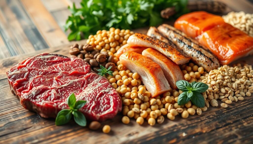 A detailed, high-resolution image of a variety of protein sources artistically arranged on a rustic wooden table. In the foreground, showcase a beautifully marbled beef steak, juicy and raw, next to a variety of cooked meats such as grilled chicken breast and seared salmon, emphasizing their texture and color. In the middle, add a selection of legumes, such as lentils and chickpeas, alongside an array of nuts and seeds for contrast. The background features a soft-focus of fresh green herbs and a hint of grains, subtly emphasizing the concept of healthy eating. Use warm, natural lighting to create an inviting atmosphere, with shadows delicately highlighting the textures of the protein sources. The angle should be slightly overhead, providing a clear view of the nutritional diversity and richness of the scene.